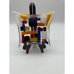 Fused Glass Trinket Dish Catchall Square Dish Geometric Pattern 7"x 7"Multicolor